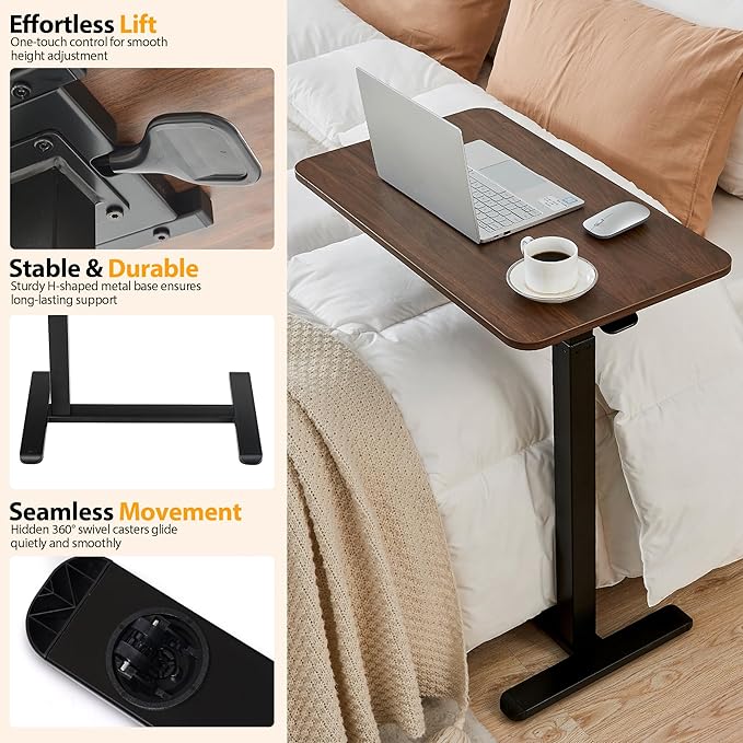 Overbed Table with Hidden Wheels, Height Adjustable Medical Bed Table Hospital Bedside Table, 28" W x 16" D Rolling Laptop Standing Desk for Home & Office, Walnut Brown
