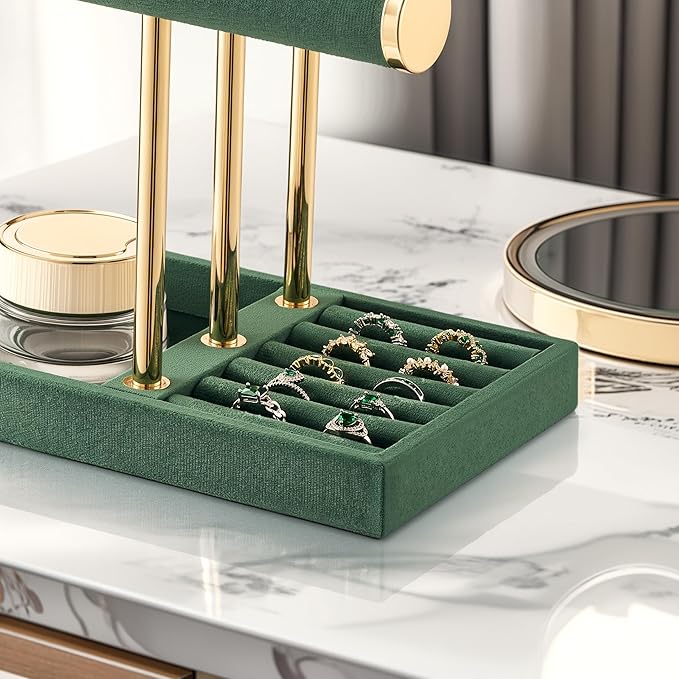 3 Tier Bracelet Holder Display - Detachable T Bar Dark Green Velvet Bracelet Holder, Jewelry Holder Organizer for Bracelet, Necklace, Watches, Rings