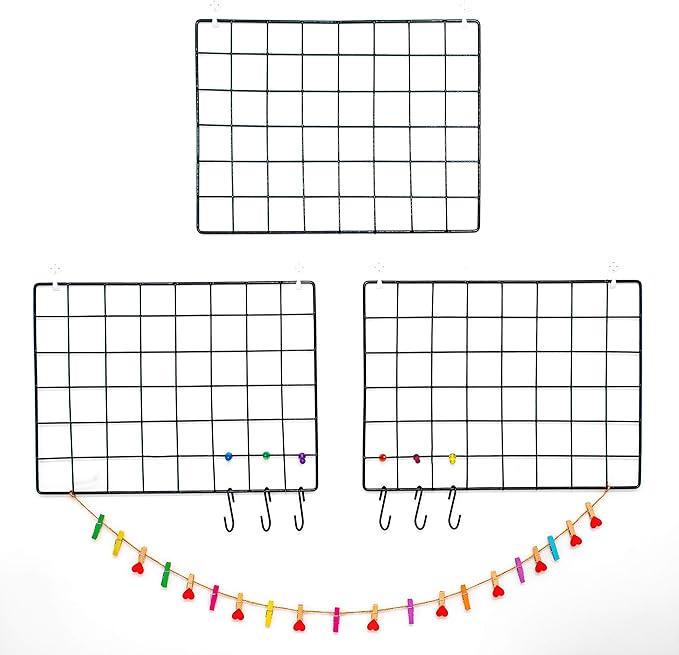 ODOXIA 3-Pack Wire Wall Grid Panel | Photo Grid Wall Decor | Metal Board for Hanging Pictures | Black Wire Organizer for Home, Office & Kitchen | Panel for Display & Storage