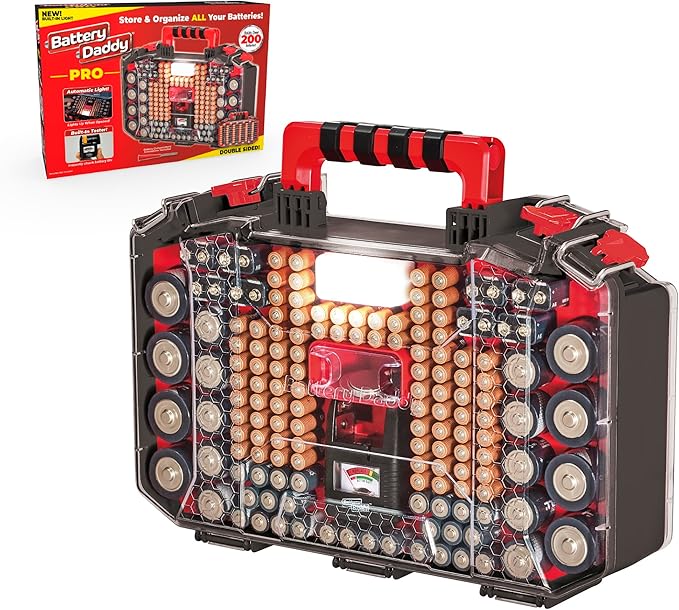 Ontel Battery Daddy Storage & Organizer Case with Light and Tester, Stores & Protects Over 200 Batteries, Double-Sided, Durable Design with Clear Locking Lid, Secure Latches & Portable Carrying Handle