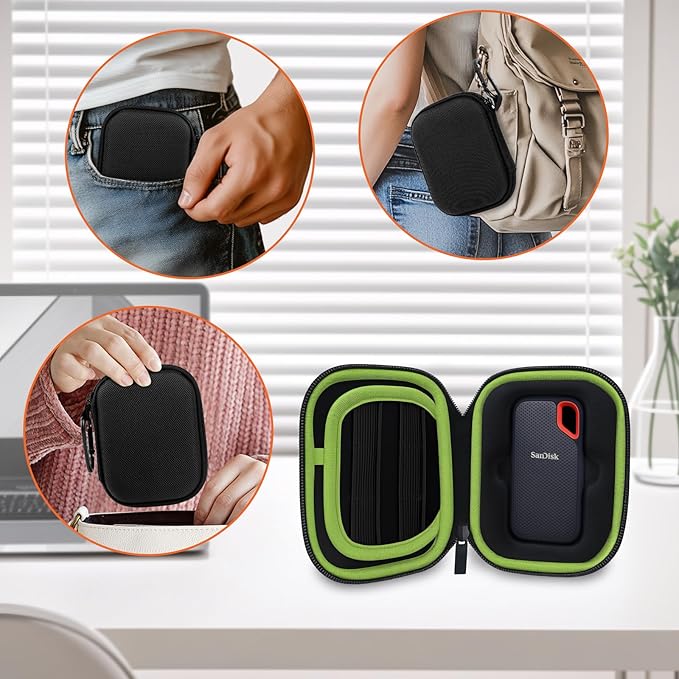Hard Case for SanDisk Extreme Portable SSD 500GB 1TB 2TB 4TB 8TB External Solid State Drive Case -Custom-Insert Shockproof Protective Storage Travel Bag for SSD SD Card Holder (Green)