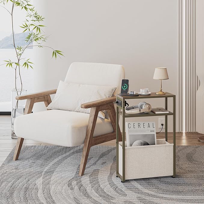 Green Side Table with Charging Station, Slim End Tables with Linen Basket, Skinny Table for Small Spaces, Thin Bedside Table for Living Room, Bedroom