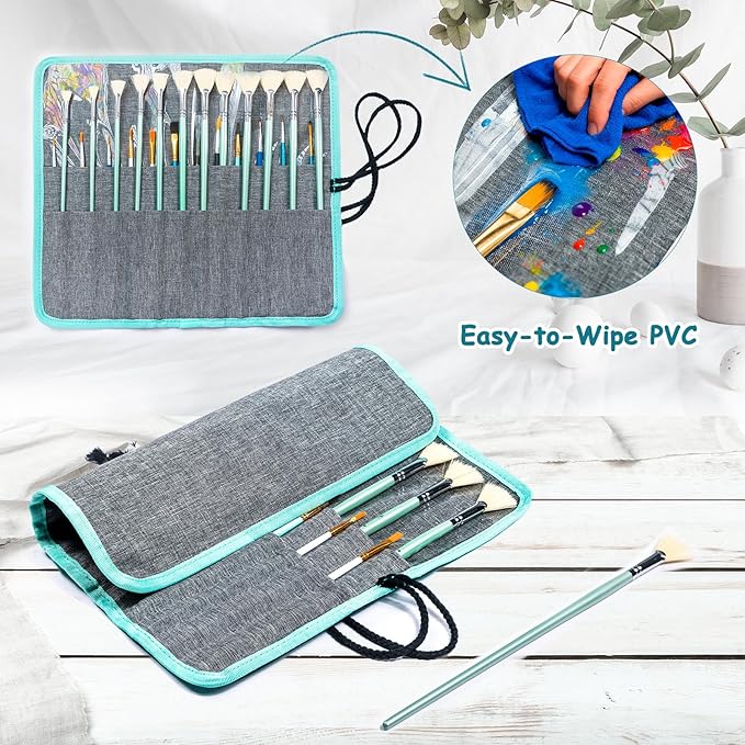 Acrylic Paint Organizer Bag with Washable Roll-Up Brush Holder, 2-Layer Art Supply Case, Large Craft Organizer with Foam Inserts for Apple Barrel, Shuttle Art, Caliart Art Supplies Storage Bag
