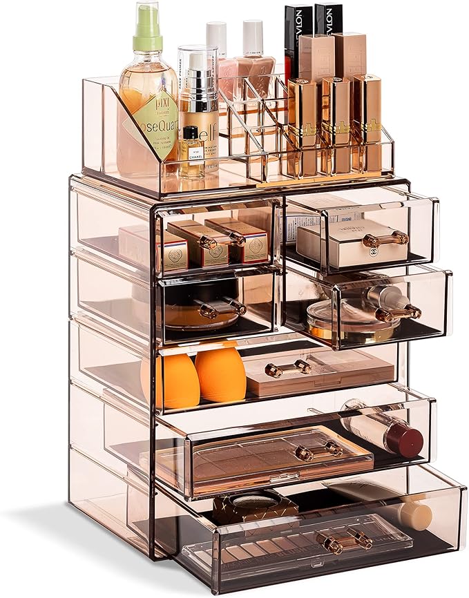 Sorbus Acrylic Makeup Organizer Set, 7-Drawer Vanity & Countertop Cosmetic Storage with Small & Wide Compartments, Bronze Glow Makeup Storage for Brushes, Jewelry – Holiday Gift for Women & Teens