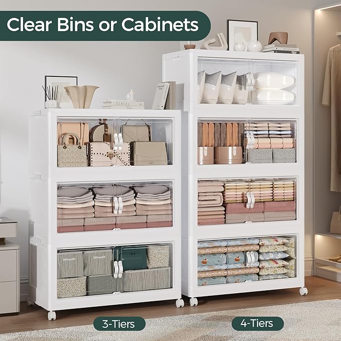 480QT Extra Large Stackable Storage Bins with Lid, 120Gal Collapsible Closet Organizer Box with Wheels, Folding Plastic Storage Cabinet with Doors for Home Kitchen Office Dorm, 4Pack White