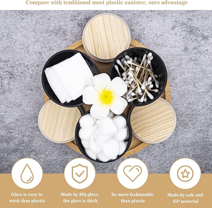 3PCS Modern 13.53oz Black Bathroom Canisters with 12 Labels & Wooden Lid Thick Glass Jar Set Qtip Holder for Cotton Ball & Pads Storage Organization Minimalist Decor