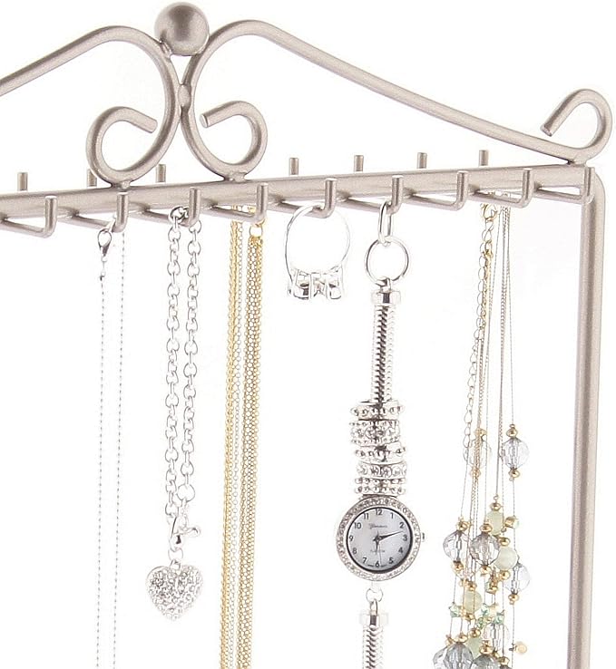 Angelynn's Sturdy Long Necklace Holder Organizer Tall Tabletop Pendant Display Stand, Freestanding Large Capacity Jewelry Tree, Calla Satin Nickel Silver 13 1/2" Wide x 15 3/4" Tall