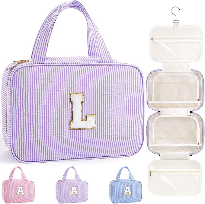 TOPEAST Christmas Gifts for Women Teen Girls Kids - Travel Hanging Toiletry Bag, Personalized Initial Toiletry Pouch, Birthday Gifts for Women Mom Daughter Sister Friends, Cruise Essentials, Purple L