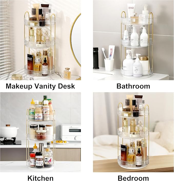 360 Rotating Makeup Organizer for Vanity, Bathroom Countertop Spinning Perfume Organizer, High-Capacity Cosmetic and Skincare Dresser Make Up Holder Rack (3 Tiers, White)