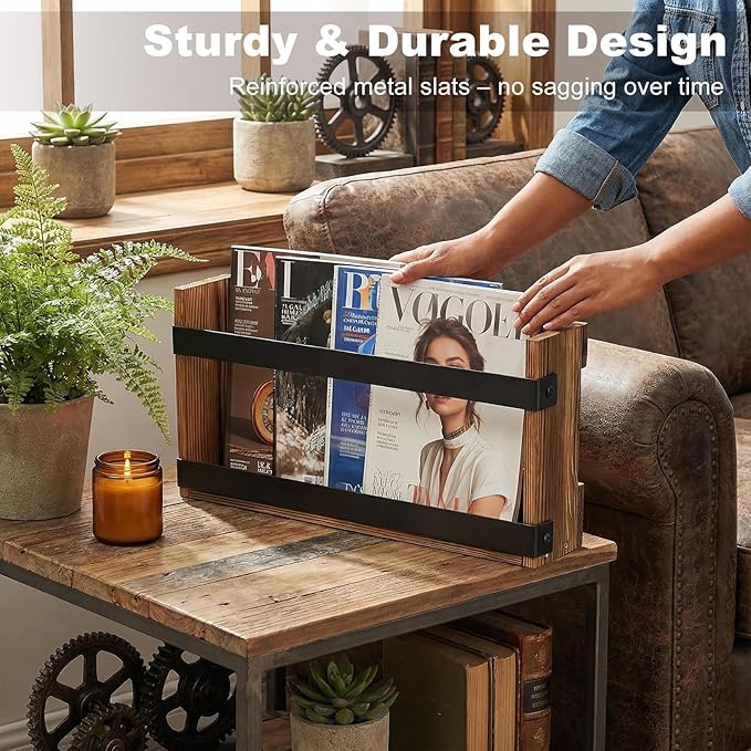 Wood Magazine Holders Wall & Bathroom Magazine Rack, Pine Wood + Black Metal Wall Magazine Holder for Magazines, Books – Mountable or Freestanding Organizer