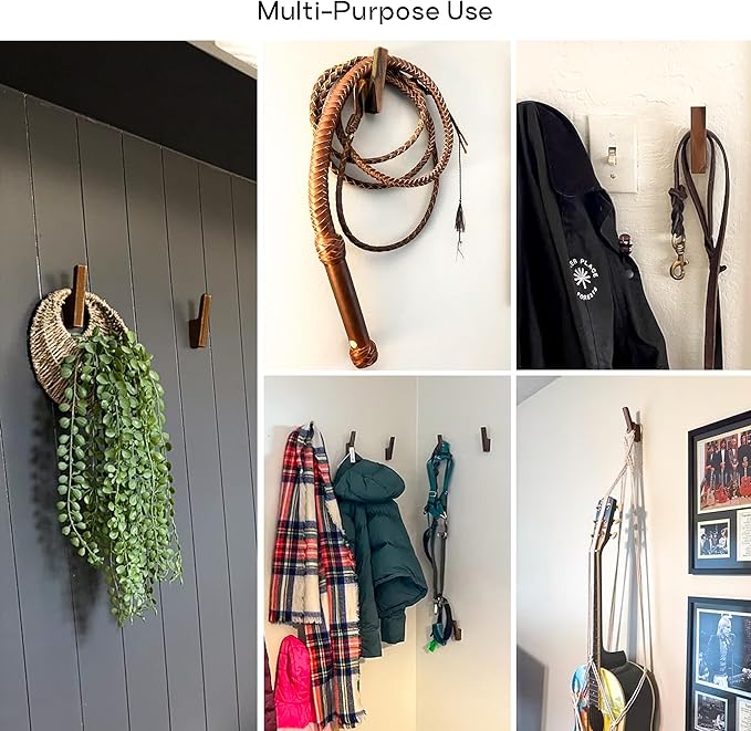 Wall Hooks - Set of 4 - Dark Walnut or Light Ash Wood Coat Hooks for Hanging Hat, Purse, Backpack, Bag, Jacket. Modern Farmhouse Decor for Wall and Practical Entryway Hooks (Walnut Wood)