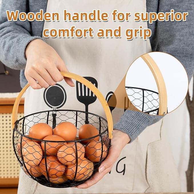 Farmhouse Wire Egg Basket for Gathering Fresh Eggs with Wooden Handle, Vintage Style Metal Egg Collecting Basket Countertop Storage Container Holder for Kitchen Decor and Fruit Bin (Black)
