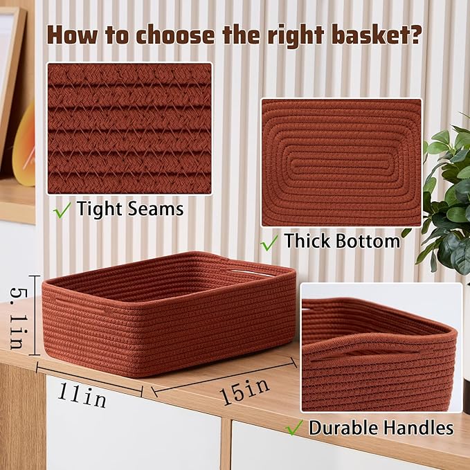 Large Shallow Organizing Baskets 15x11x5.1 Inches - Rope Woven Storage Bins for Bathroom, Shelves, Cube Closet, Red 3 Packs