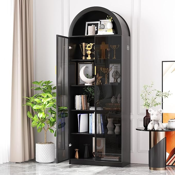 Arch Display Cabinet with Doors and Adjustable Shelves, 76" Tall Curio Cabinet with LED Lights/Storage Space, 6 Tier Display Case Bookcase for Collectibles Bedroom Living Room Office, Black
