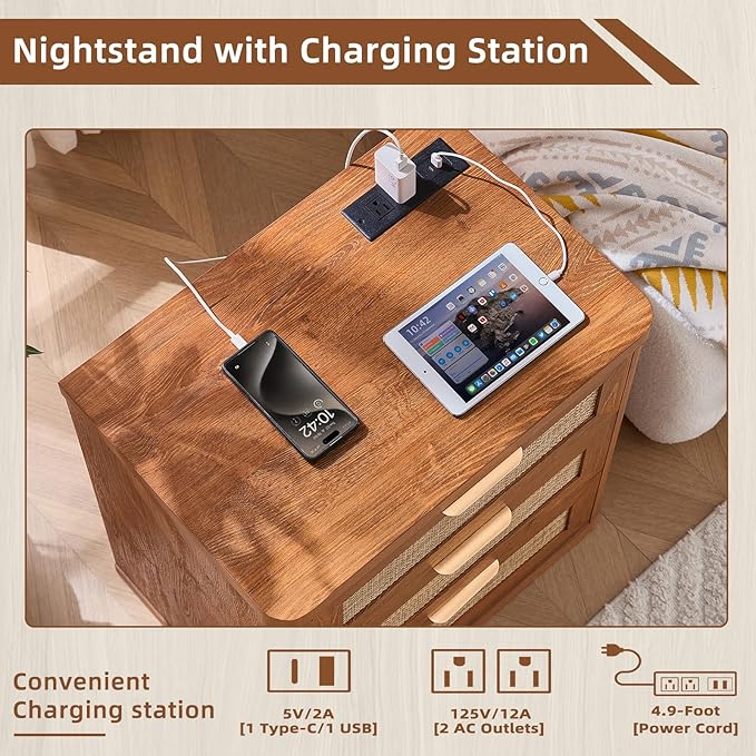LEYAOYAO Rattan Night Stand Set of 2 with Charger Station, 23" Large 3 Drawer Boho Nightstand, Tea Brown Bedside Table Storage Cabinet, Bed Side End Tables for Bedroom, Living Room, Hallway