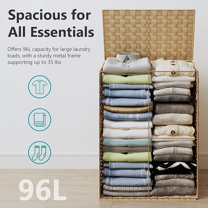 Foldable Laundry Hamper Basket with Lid by Fiona's magic, Handwoven 96L Large Clothes Hamper with Removable Liner Bags, Collapsible Tall Hamper for Bedroom, Bathroom and Dorm Organizer, Natural