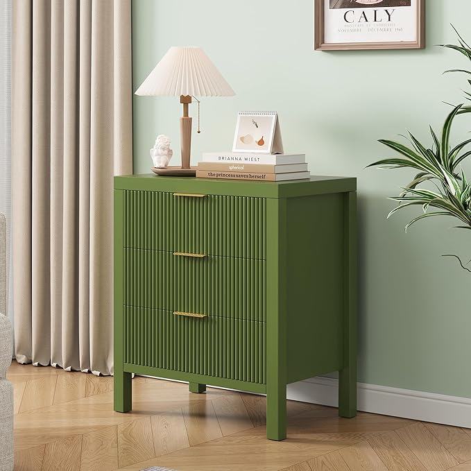 6 Drawer Dresser, Modern Wood Storage Chest of Drawers Organizer with Waveform Panel, Fluted Dresser with Wide Drawers and Golden Handles for Bedroom, Hallway, Entryway, (Green *2)