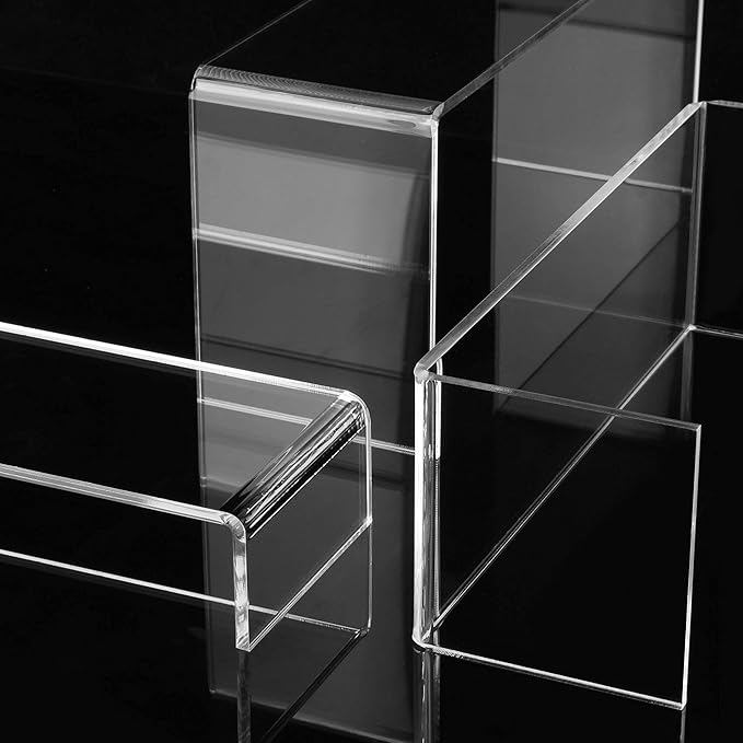ANDGOO Display Risers, 6 Pcs(7.9”L~8.3”L~8.7”L) Rectangular Clear Acrylic Showcase Collectibles Display Stands Suitable for Retail Shoe Showcase Jewelry Funko Pop Figures