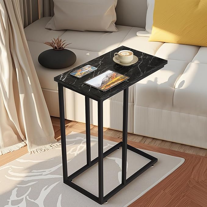 VECELO C Shaped End Side Table for Sofa Couch and Bed Snack TV Tray for Living Room Bedroom, 1 PCS, Black Marble