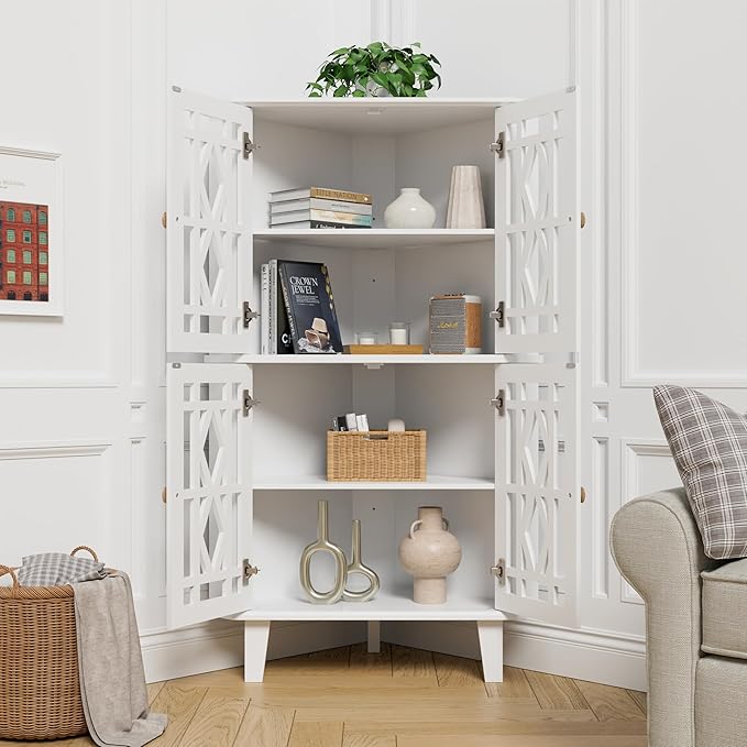 Scurrty Tall Corner Shelf Stand, Large Shelf Corner Table Sideboard Cabinet with 4 Doors and 4-Tier Shelves, Free-Standing Storage Organizer for Living Room, Dining Room & Bathroom (White)