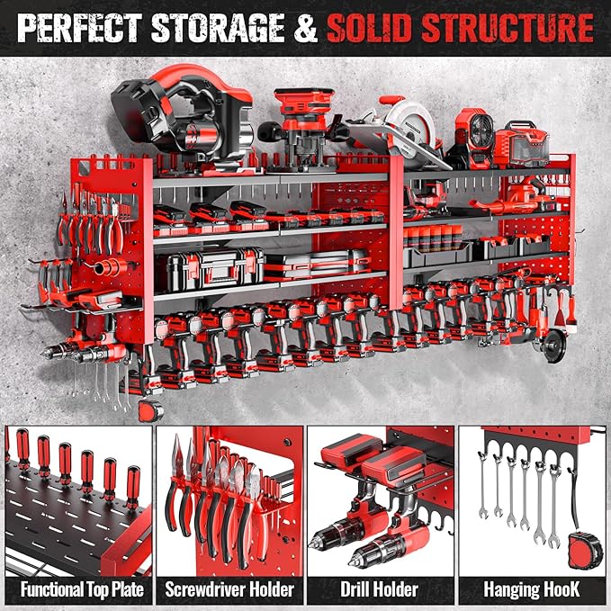 66" W Super Large Power Tool Organizer Wall Mount,Heavy Duty Cordless Tool Organizer with 18 Drill Holder,600 Lbs Capacity 4-Layer Garage Organization for Garage and Workshop (Red)