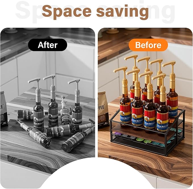 Coffee Syrup Rack Organizer, 3-Tier 8 Bottle Syrup Rack with 35 K Cup Drawer for Coffee Bar, Countertop Bottle Holder Stand for Dressing for Kitchen Cafe Station