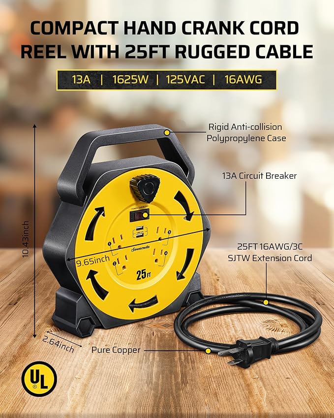DEWENWILS Cord Reel with 4 Power Outlets, 2-USB Ports(3.4A Fast Charge), 25FT Retractable Extension Cord Reel, Heavy Duty SJTW 16/3 Cable, 13A Circuit Breaker, Hand Wind, UL Listed