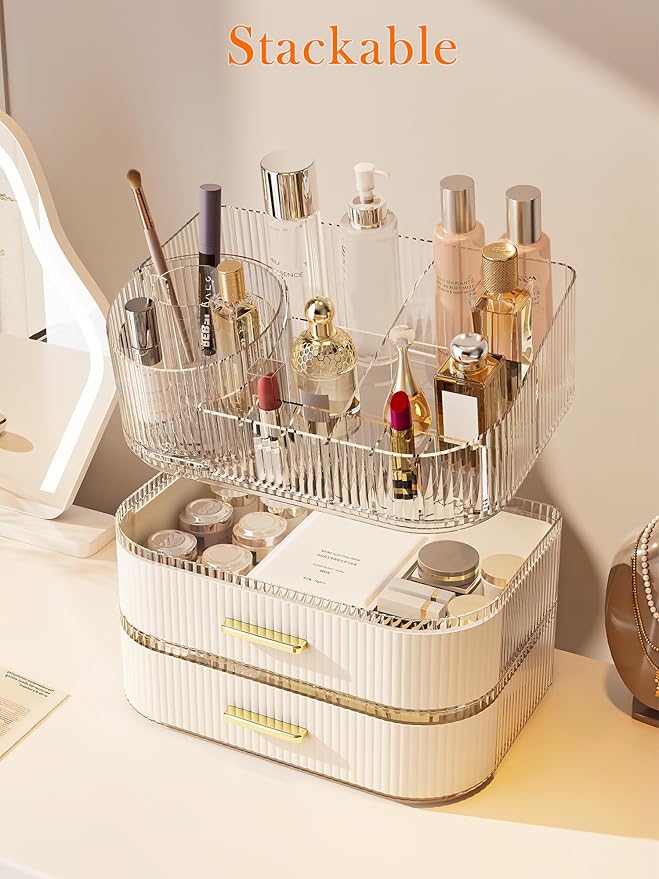 Makeup Organizer with Stackable Drawer, 360 Rotating Makeup Brush Holder, 11-inch Wide Large Cosmetic Display Case, Skincare Organizers and Storage for Vanity, Bathroom Countertop (1 Tray + 2 Drawer)