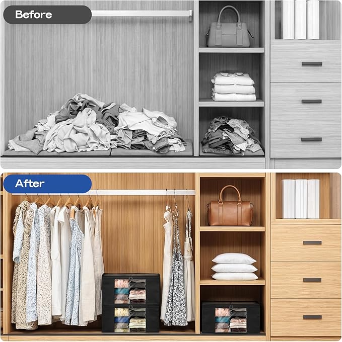 Hopack Clothes Storage Bags, Foldable Thick Fabric Blanket Storage Bags, Large Clear Window & Carry Handles, Great for Clothes, Blankets, Closets, Pillows, Toys (Black, 6PACK)