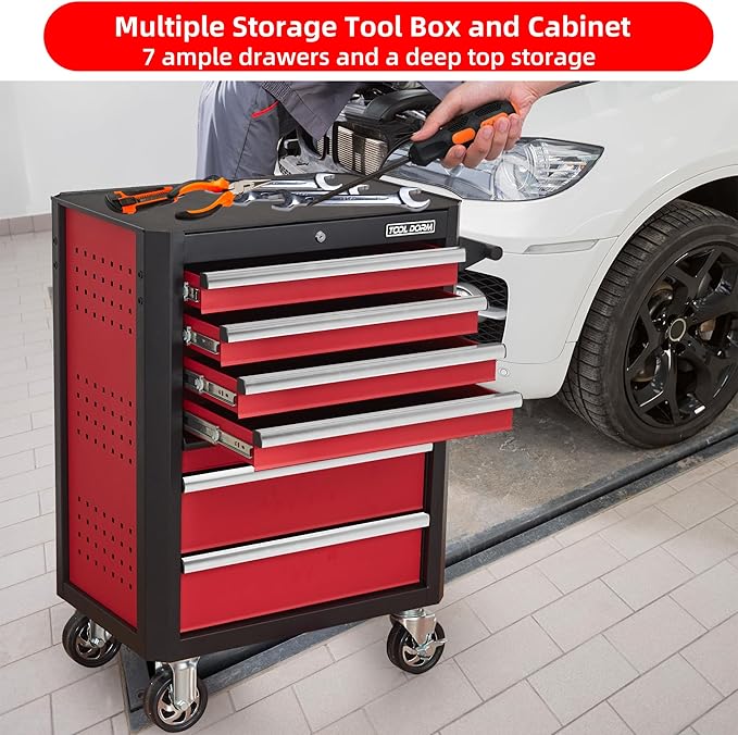 7-Drawer Rolling Tool Chest with Locking Wheels & Drawers, 18.5" D x 27.9" W x 39.5" H Mobile Tool Storage Cabinet, Heavy-Duty Garage Organizer w/Ergonomic Handle