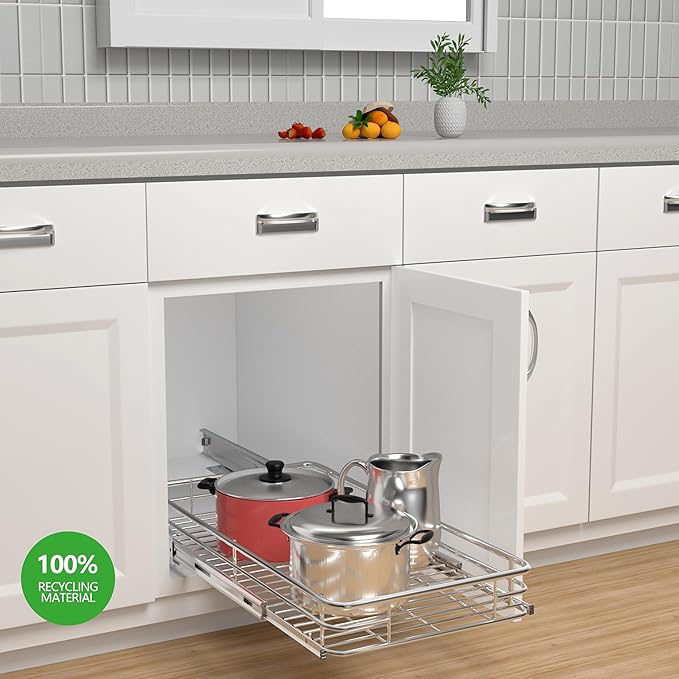 Cabinet Pull Out Shelves (14" W x 21" D), Heavy-Duty Pull Out Shelves for Kitchen Cabinets, Chrome-Plated Steel Slide Out Shelf