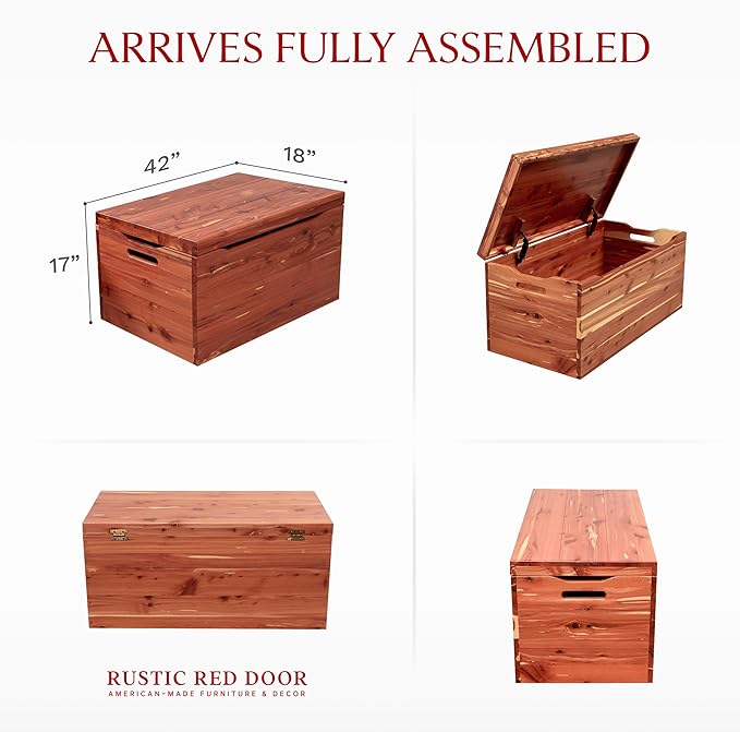 Amish Made Wooden Storage Chest Trunk Box with Lid and Handles for Bedroolanket, Clothes, Anti-Slam Hinges, Handmade, Rustic, Cedar Wood, Natural Stain, 42"