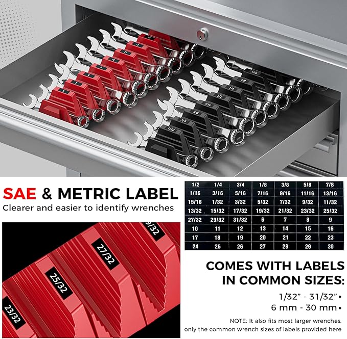 48PCS Magnetic Modular Wrench Organizers for Tool Drawers - Black & Red - Wrench Rack with Metric & SAE Labels, Customizable Magnet Tool Storage Holder for Tool Box Organization