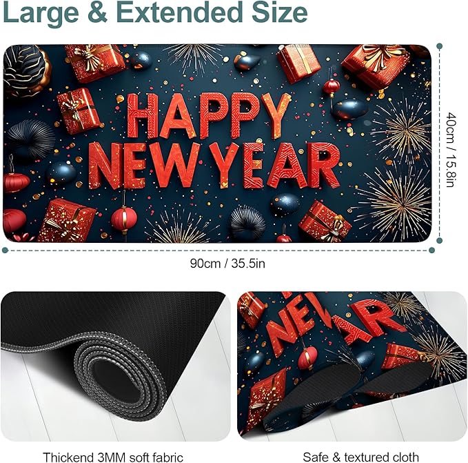Happy New Year Gaming Mouse Pad 35.4"x15.7"Desk Mat Anti-Slip Rubber Base & Durable Stitched Edges for Gamers Smooth Mouse Writing Surface for Desk Office/Home