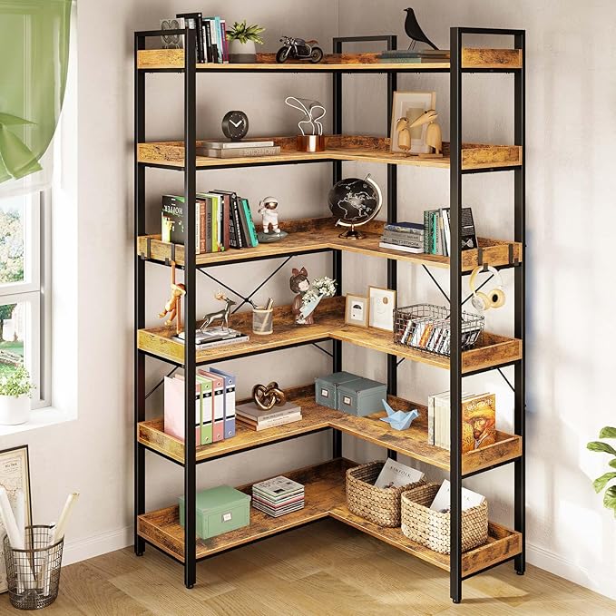 Rolanstar Bookshelf 6 Tier with 4 Hooks, Reversible Corner Bookshelf, 69" Industrial Wooden Bookcase with Open Shelves and Metal Frame for Living Room, Bedroom, Home Office, Rustic Brown