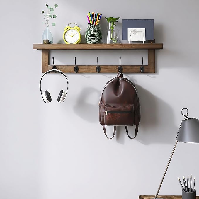 SMIBUY Coat Hooks with Shelf Wall-Mounted, 29.2 Inch Entryway Coat Rack for Wall, Bamboo Hanging Shelf with 5 Double Metal Hooks for Bathroom, Bedroom, Kitchen, Living Room, Mudroom (Walnut)