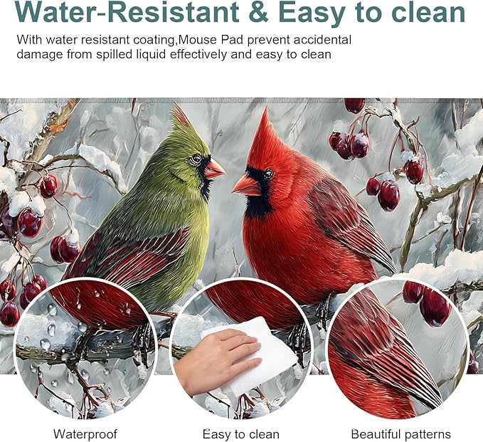 Winter Cardinal Bird Gaming Mouse Pad 31.5"x11.8"Desk Mat Anti-Slip Rubber Base & Durable Stitched Edges for Gamers Smooth Mouse Writing Surface for Desk Office/Home