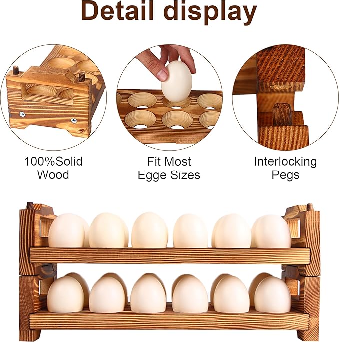 CVHOMEDECO. Wooden Egg Holder Fresh Egg Holders Countertop Firewood Egg Collecting Rack for Gathering Fresh eggs, Stackable with 24 eggs, Home Kitchen Organizer, Set of 2 PCS
