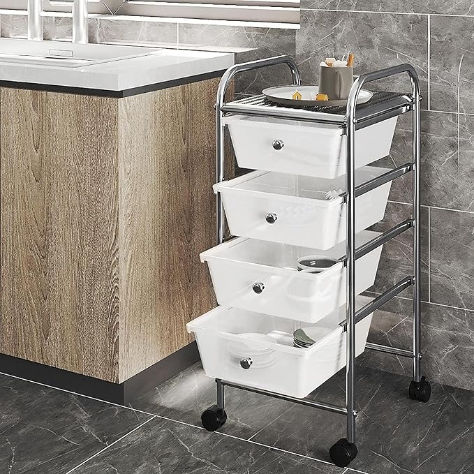 Yaheetech 4 Drawers Cart Rolling Plastic Storage Cart and Organizer Metal Frame Drawers Plastic Trolley Organizer on Wheels, White