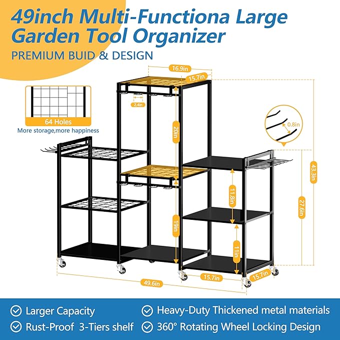 ROGMARS Garden Tool Organizer with Wheels for Garage,49" Heavy Duty 3 Tier Yard Tool Holder Storage Rack with Large Hooks for Shed/Yard/Broom/Lawn/Long-Handled Garden Cart