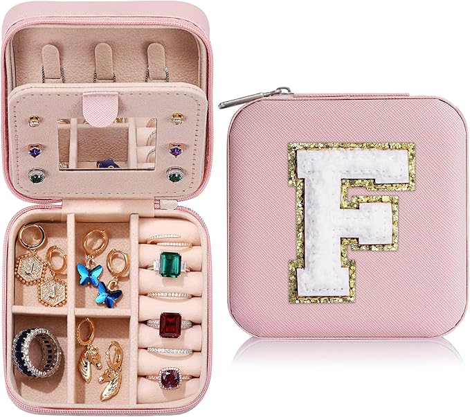 Parima Christmas Gifts for Mom - Small Travel Jewelry Box, Travel Jewelry Case with Mirror for Necklace Earrings Rings Organizer | Birthday Gifts Christmas Travel Gifts for Mom - Letter F, Pink