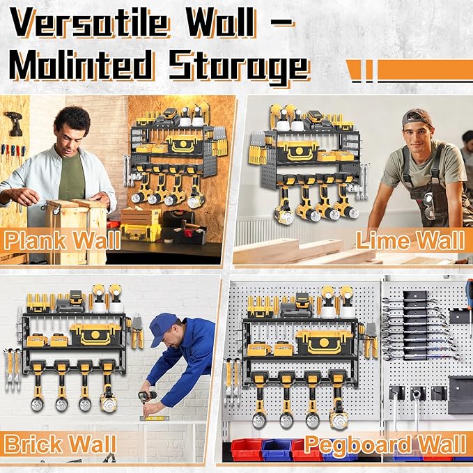 Power Tool Organizer Wall Mount, 150Lbs Load 3 Layer Heavy Duty Metal Tool Shelf with 4 Drill Holders, Garage Workshop Storage for Cordless Tools Batteries Screwdrivers(Black A)