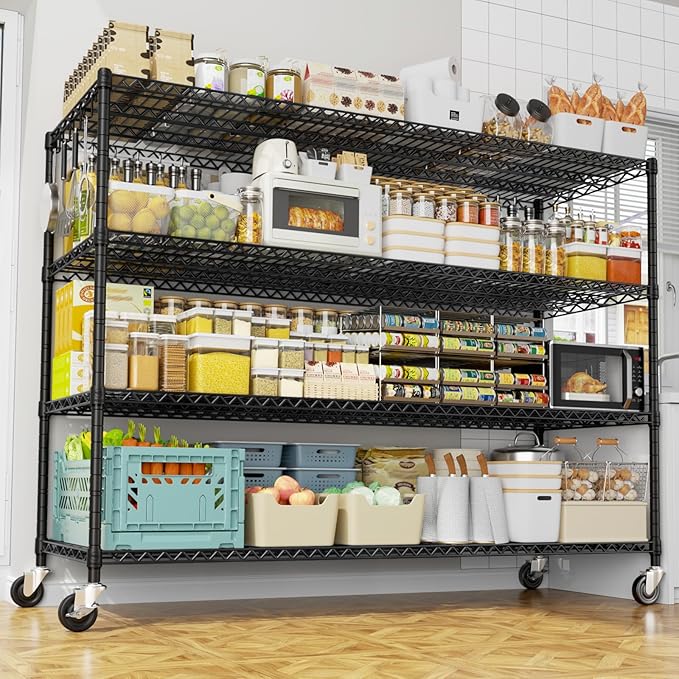 PrimeZone 60" W x 24" D x 76" H Heavy Duty Wire Storage Shelves with Wheels, 4 Tier Adjustable NSF Certified Garage Shelving Unit, Rolling Metal Organizer Shelf Rack for Warehouse, Pantry, 2 Packs