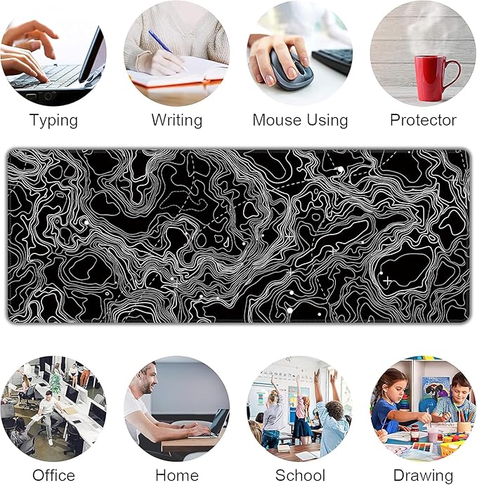 Black with White Topographic Line Large Mouse Pad,Gaming Keyboard Desk Pad,Extended Mouse Mat Non-Slip Rubber Base with Stitched Edges for Office Game Home XL 31.5"x11.8"