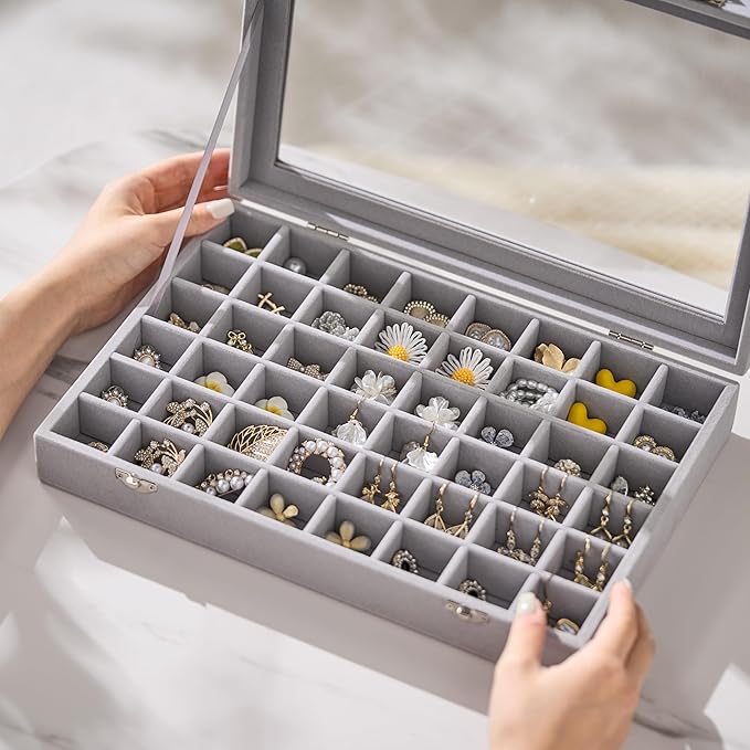 48 Grid Earring Organizer and Storage: Velvet Jewelry Tray with Lid, Jewelry Box for Studs, Earrings, Rings, Necklaces, Dresser & Vanity, Earrings Case Organizer for Girls, Women, Grey