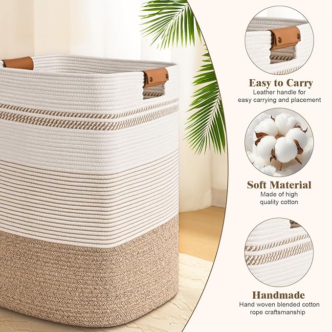 Laundry Hamper, 85L Tall Laundry Basket with Leather Handles, Rectangle Large Clothes Hamper for Organizing, Cotton Woven Laundry Baskets Storage Hampers for Bedroom, Nursery, Living Room