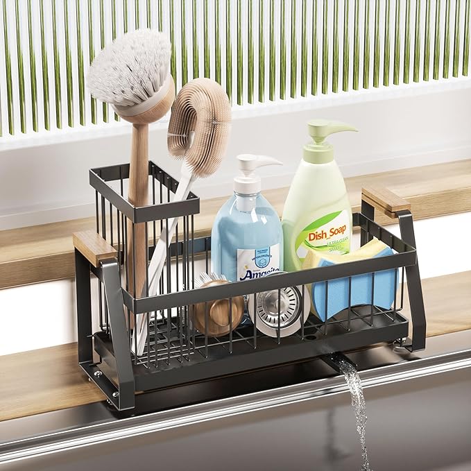 Sink Caddy Organizer with Wooden Handle & Self-Draining Tray, Trapezoid Kitchen Sponge Holder with Non-Slip Suction Cups , Organizer for Sponge, Brush, Soap Dispenser for Sink and Bathroom Countertop