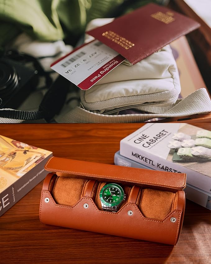 MR.OKAY 3 Watch Travel Case- Classic Leather Watch Case With Perfect Texture.Portable Watch Roll Or Organizer For Storage And Display. Luxury Gifts For Men, All Handmade by Artisans.