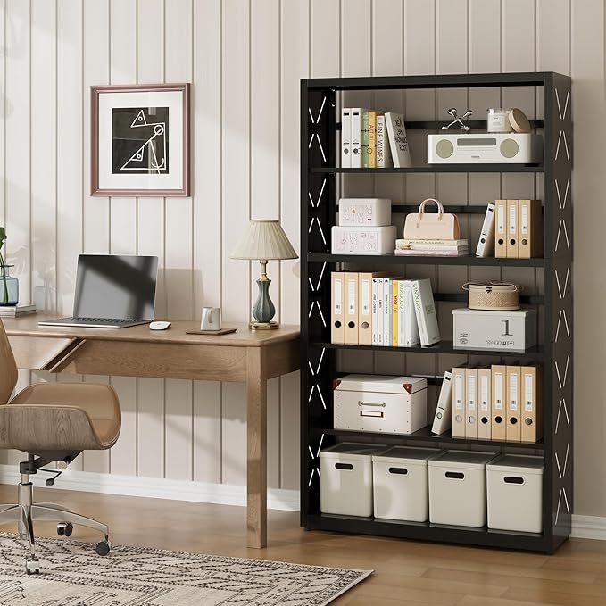 5 Tier Bookcase,Industrial Bookshelf,55" Black Metal Tall Bookshelf with Adjustable Feet and Adjustable Shelves,Home Office Bookcase Shelf Storage Organizer for Living Room、Kitchen