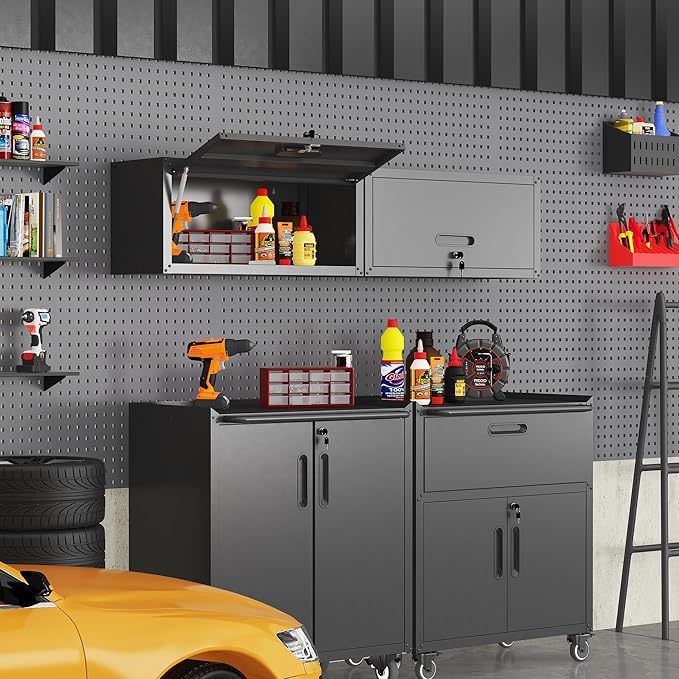Metal Tool Cabinet,Garage Storage Cabinet System,Wall Cabinet & Locking Rolling Tool Cabinet with Doors and Adjustable Shelves,Steel Tool Cabinets for Home (2 Pcs-StyleAA, Black)